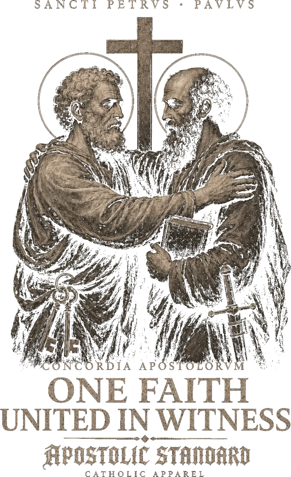 Illustration of Saints Peter and Paul united before the Cross