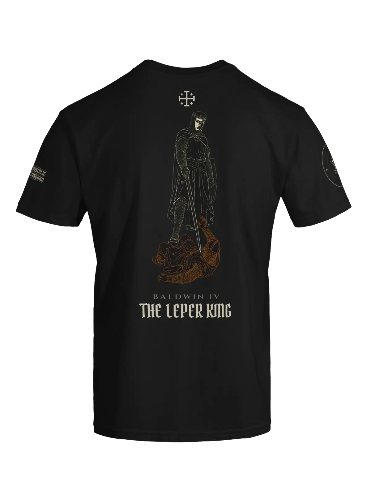 Back of the Baldwin IV Leper King black heavyweight tee