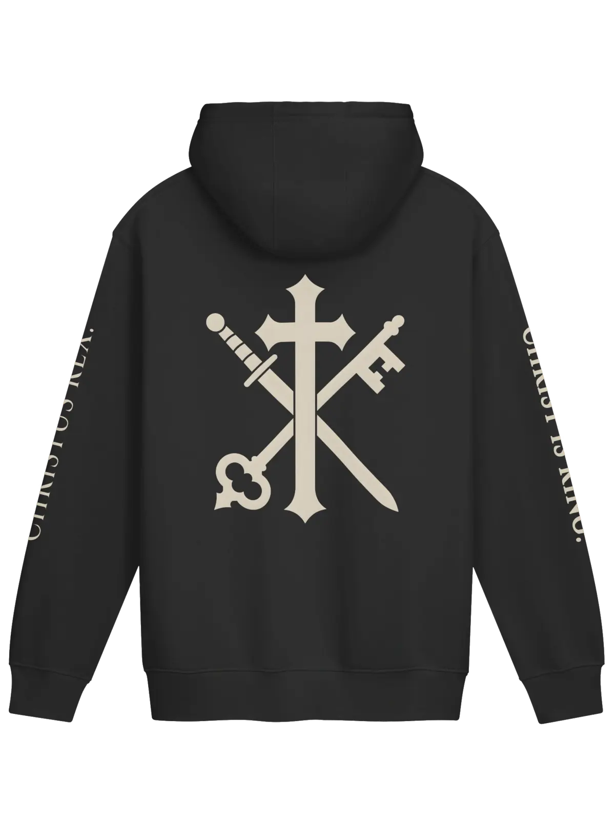 Back of the black Christus Rex Standard hoodie