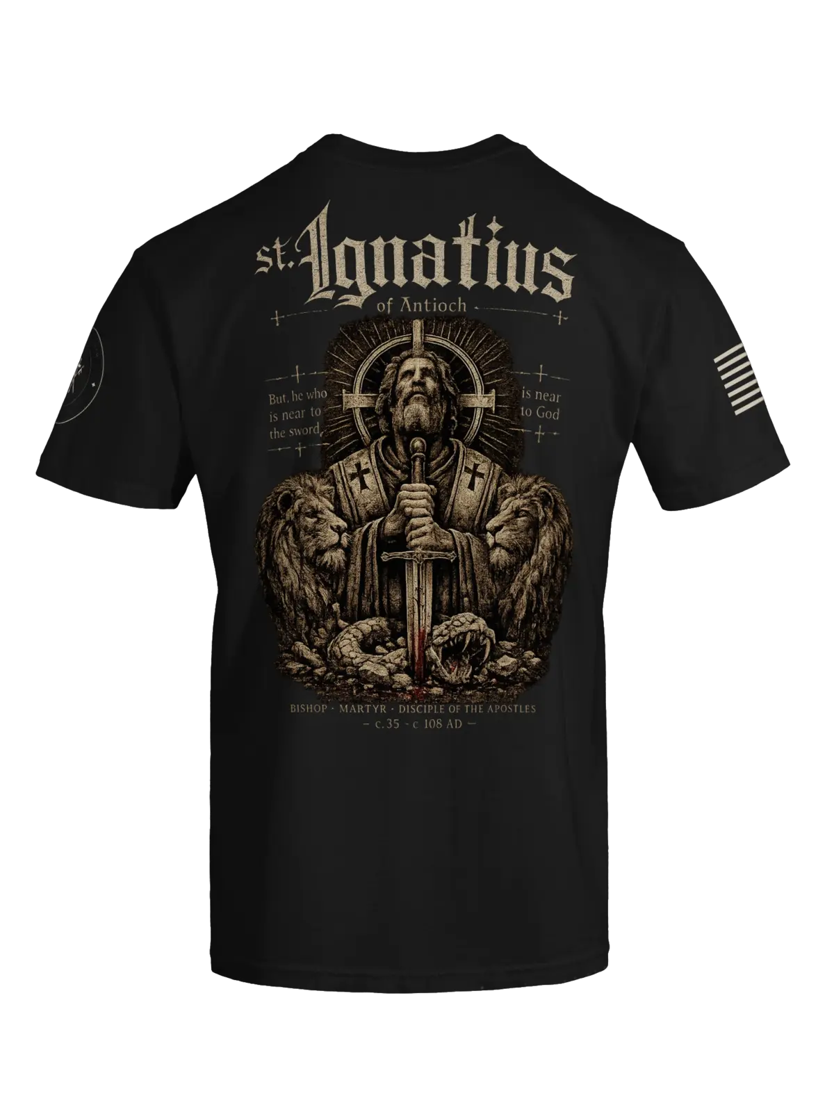 Back of the Saint Ignatius of Antioch black heavyweight tee